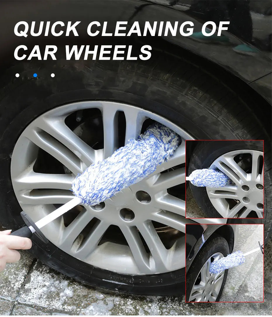 A hand is using an ultra-soft microfiber wheel cleaning brush set with a glove to clean a car wheel.