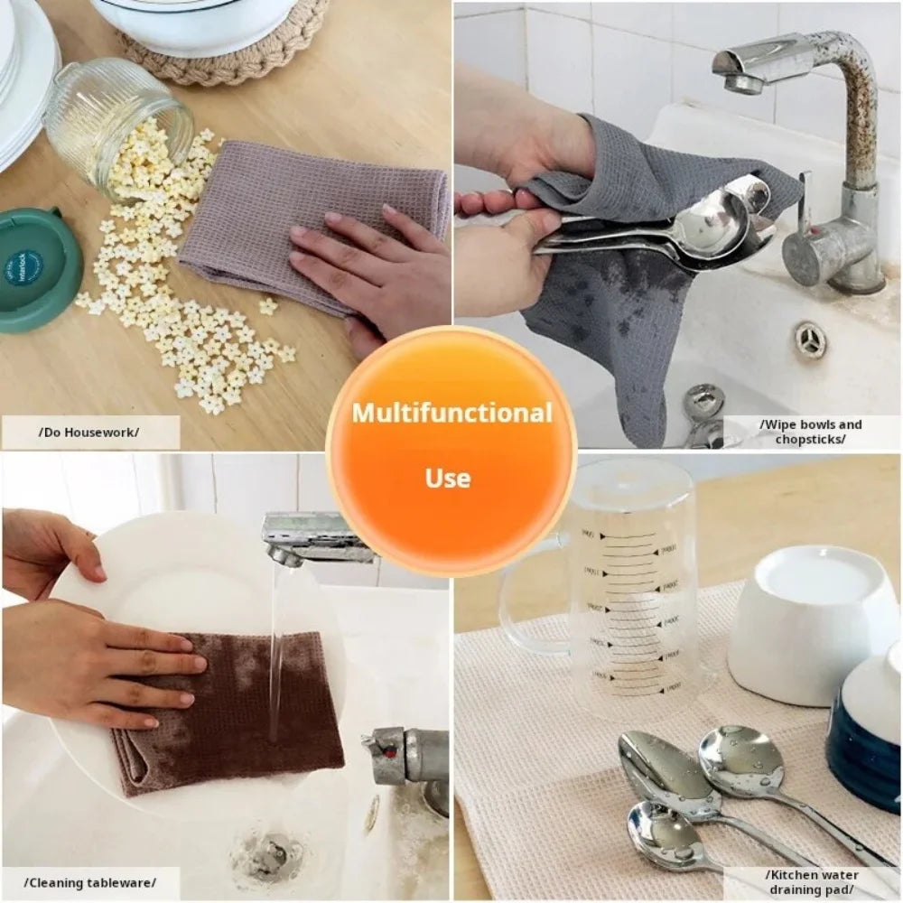 A set of four light-colored waffle weave towels being used for various household tasks like wiping and cleaning.