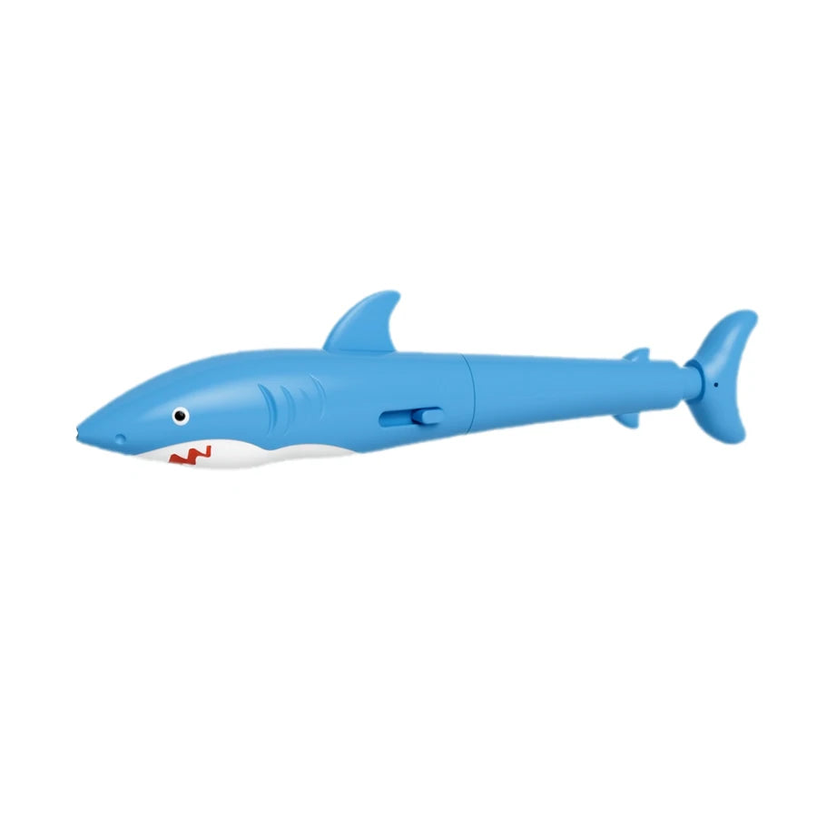 A blue prank water gun pen shaped like a fish, ready to spray water and write.