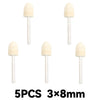 Five natural beige wool felt polishing wheels with 3mm metal shanks.