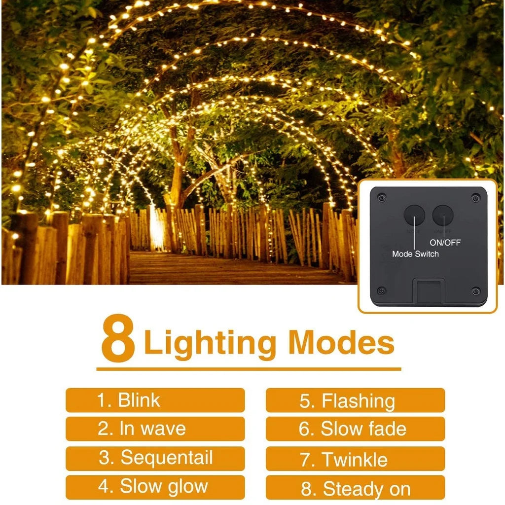 A set of solar-powered fairy string lights is displayed with an ON/OFF mode switch and a list of 8 lighting modes.