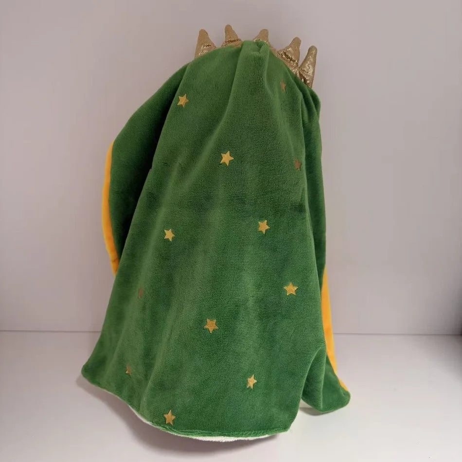A plush toy of Jesus in green fabric with gold stars and a golden crown.