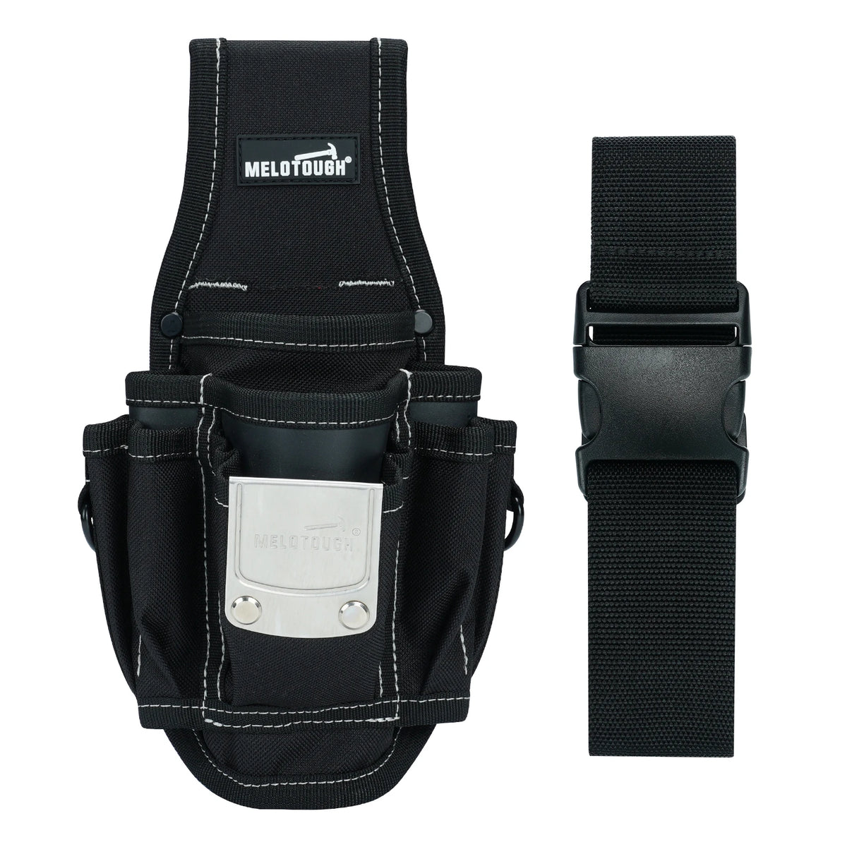 Black heavy-duty tool pouch with a quick-release belt clip and a separate strap.
