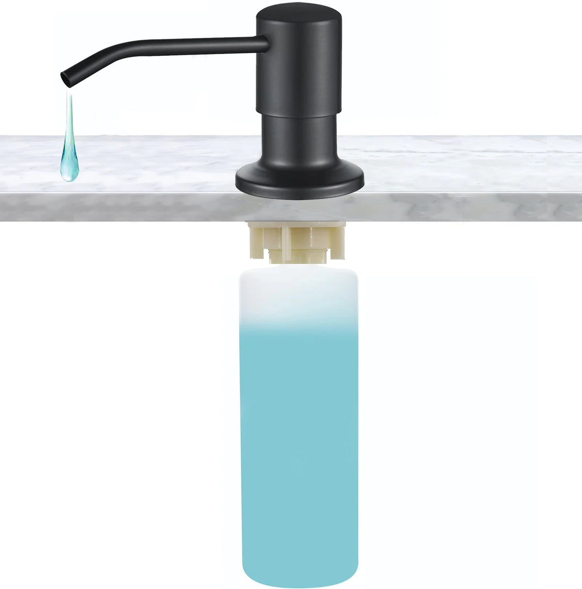 Schwarzer Flüssigseifspender mit Metallauslauf über einer hellen Marmor-Arbeitsplatte und einer blauen Glasflasche.