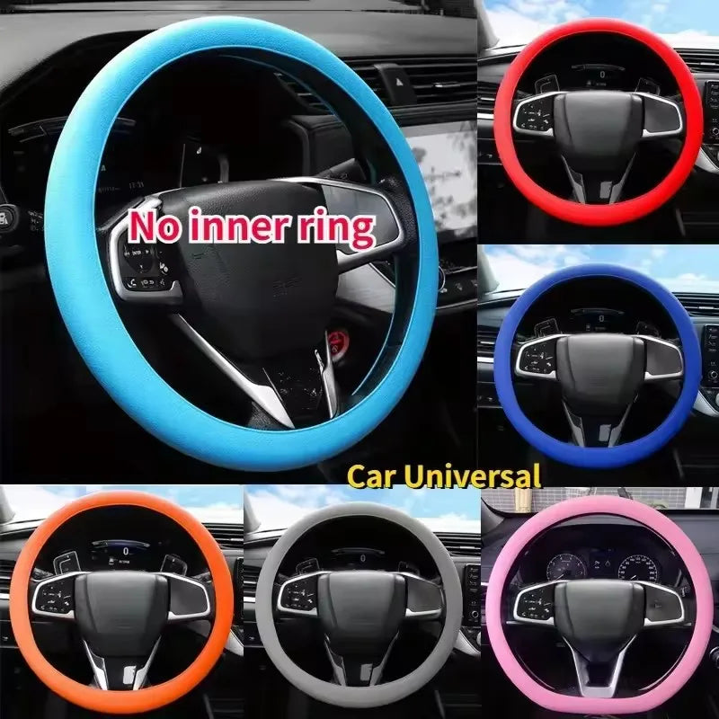 Various colored silicone steering wheel covers for universal fit including blue, red, purple, and orange options