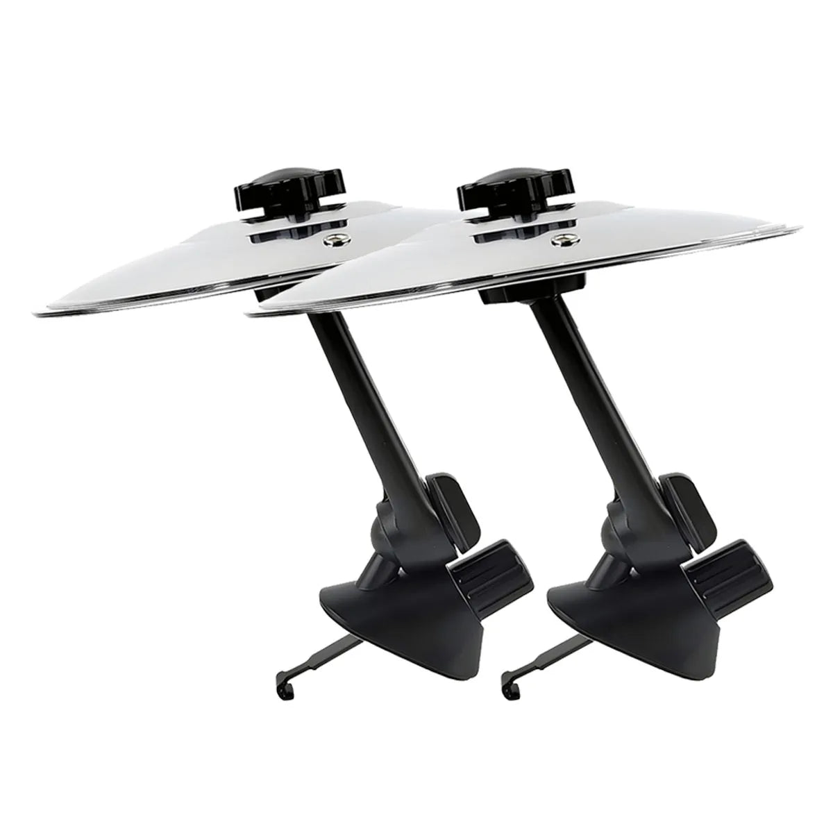 Une paire de cymbales de vent de voiture noires miniatures montées sur un support.