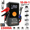 Portable 10-in-1 starter and air pump device with red and black tools and accessories