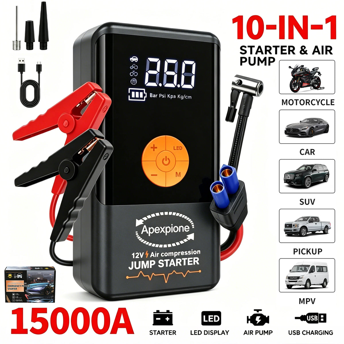 Portable 10-in-1 starter and air pump device with red and black tools and accessories