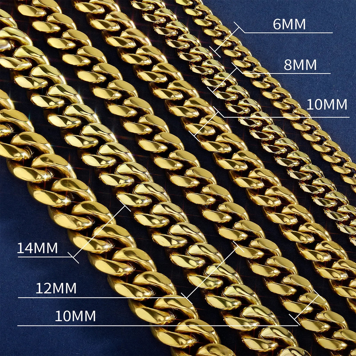 Close-up of a gold Miami Cuban link necklace chain showing various sizes and links.