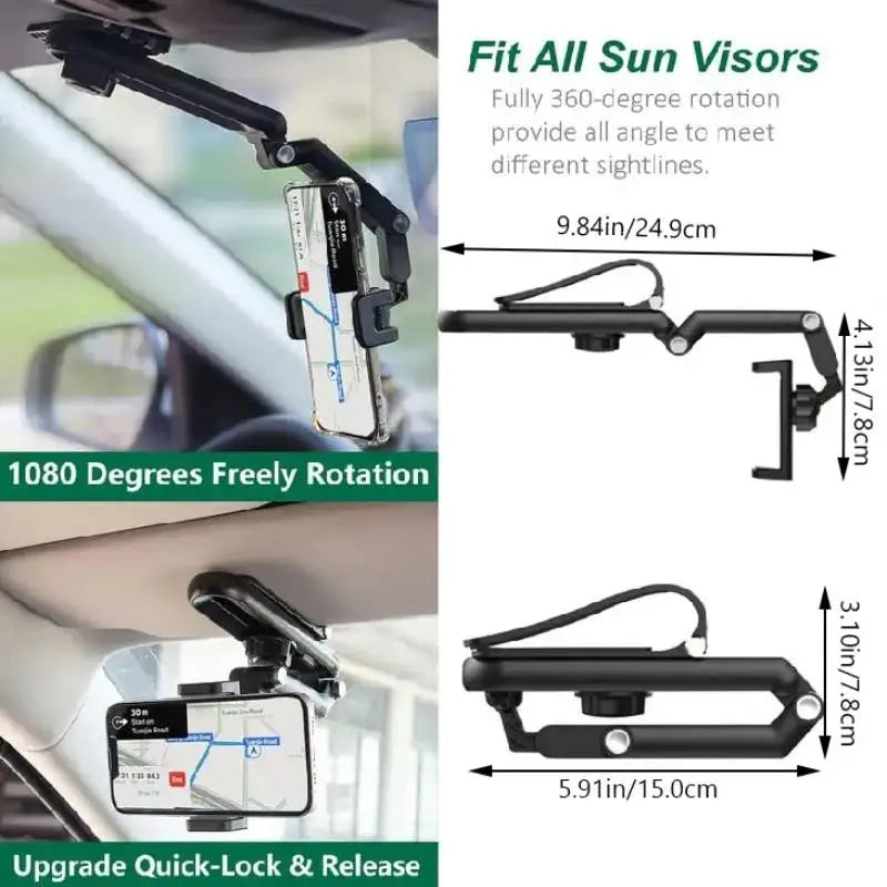 A black 360-degree rotatable car sun visor phone holder is shown mounted on a vehicle interior.