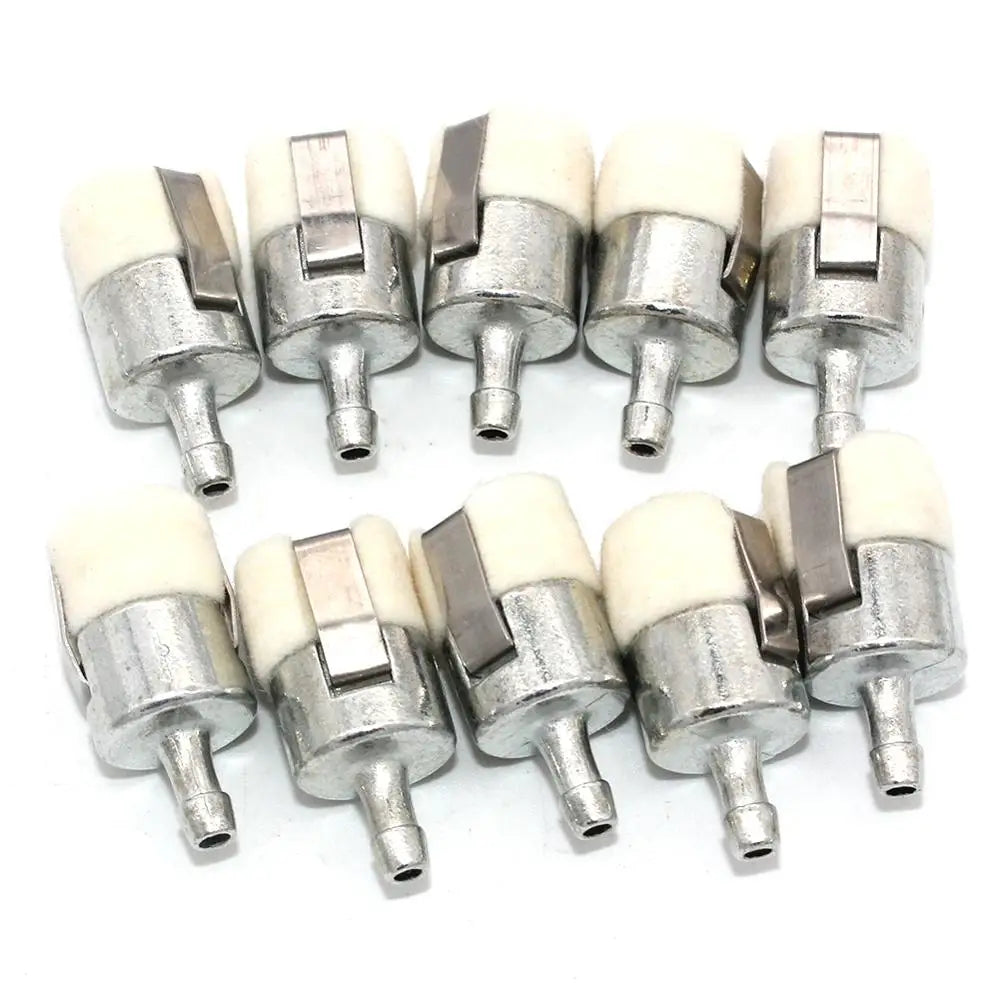 A set of replacement fuel filters for outdoor power equipment, featuring silver metal bodies and white filter elements.