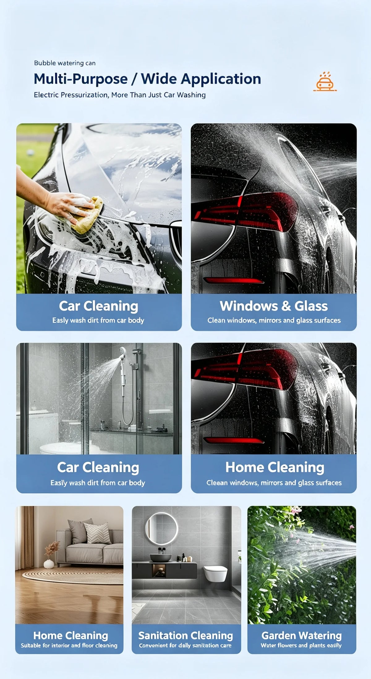A multi-purpose electric pressure washer used for car cleaning, window washing, home cleaning, sanitation, and garden waterin