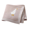 A beige soft cotton baby swaddle blanket featuring a white cartoon goose print.