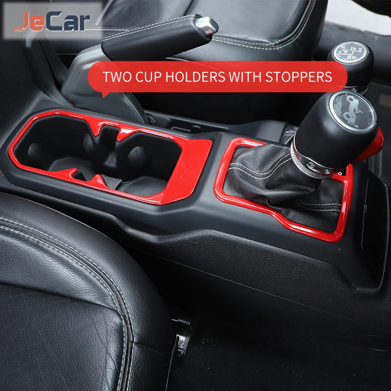 Red ABS gear shift panel and cup holder trim cover for Jeep Wrangler JL and Gladiator JT