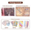 Paket mit Abenteuerbuch, exquisiter Verpackungsbox und Zubehör wie Aufkleber und Papierstreifen.