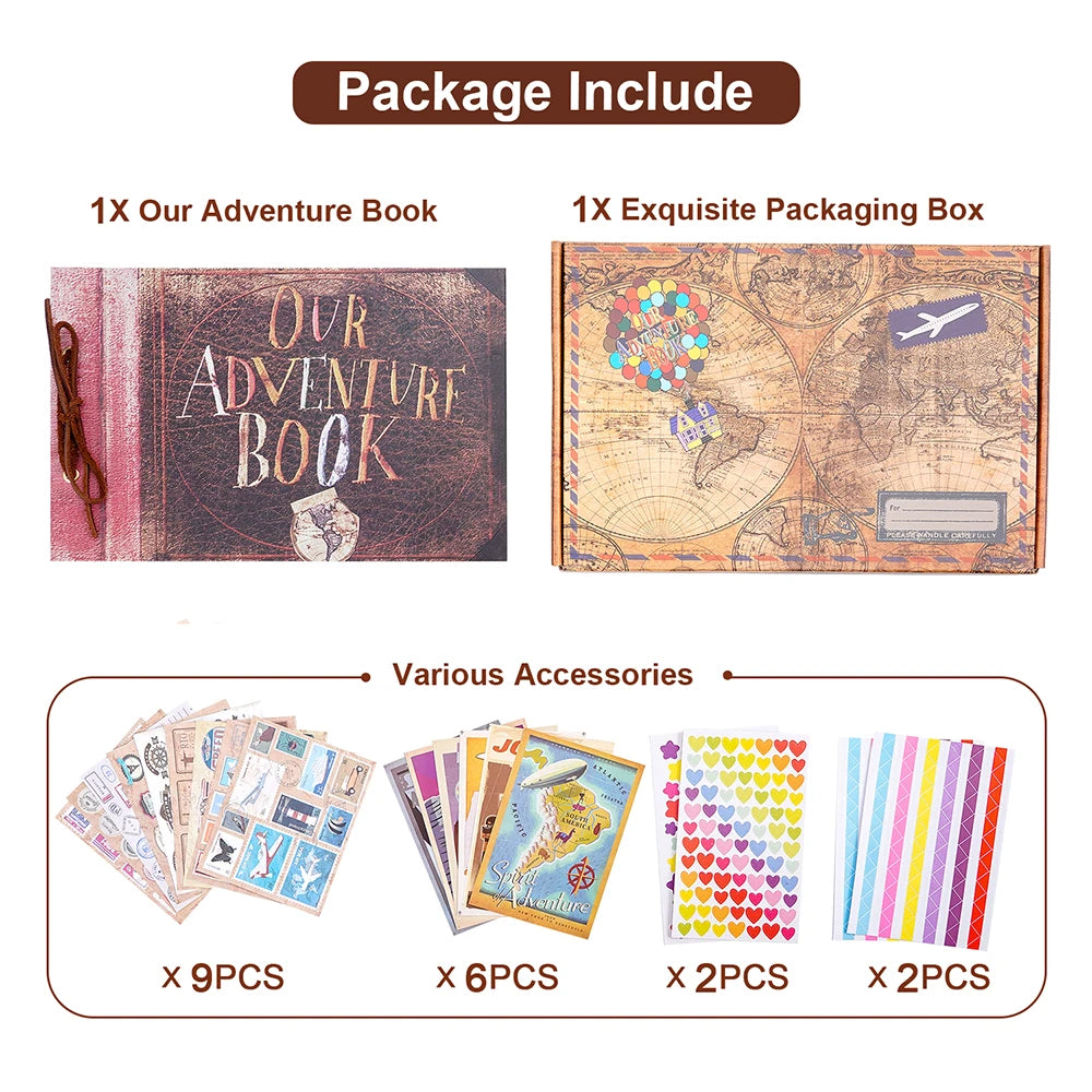 Paket mit Abenteuerbuch, exquisiter Verpackungsbox und Zubehör wie Aufkleber und Papierstreifen.