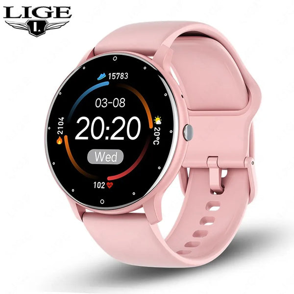 Pinke LIGE Sport-Smartwatch, die 20:20 und 20°C auf dem Display anzeigt.