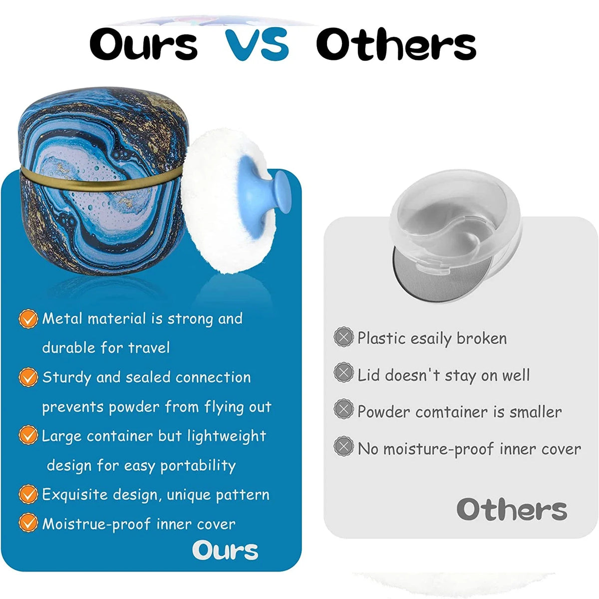 Comparison image showing a metal powder container and a white puff against other plastic containers.