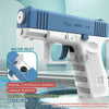A white water gun pistol with a blue grip and barrel is shown next to an inset showing the water inlet.
