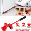 Red heavy-duty furniture moving kit with roller wheels and lifting bar shown in use for appliance and cabinet relocation.