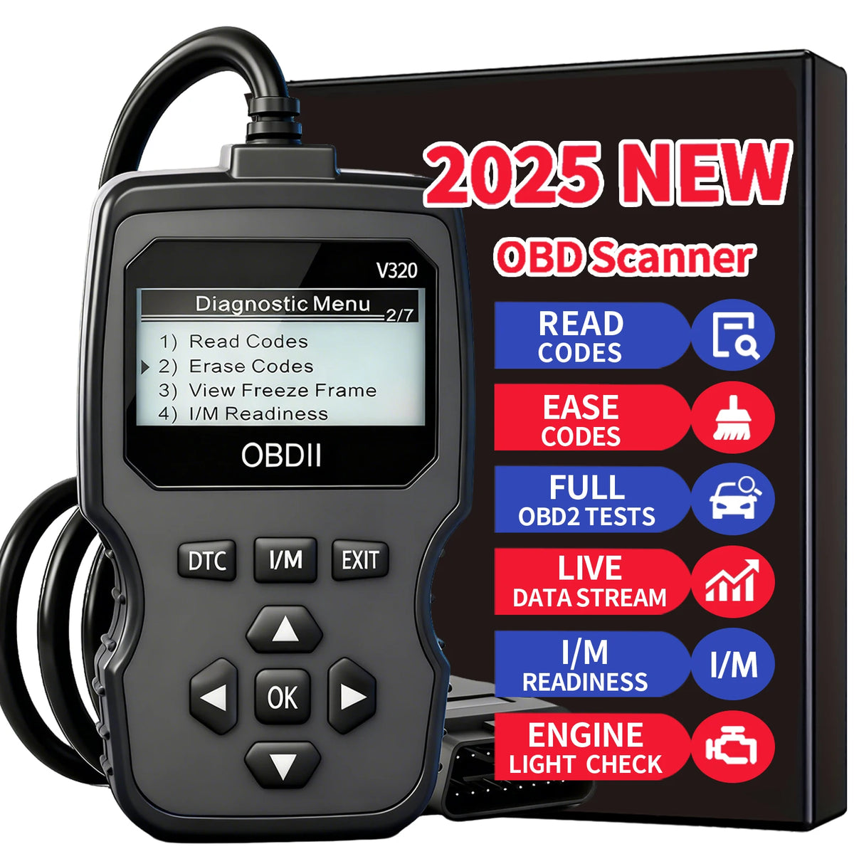 A black OBDII diagnostic scanner device with a cable and a box labeled 2025 New OBD Scanner.