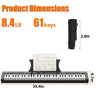 A black 61-key digital piano shown with its dimensions and accessories.