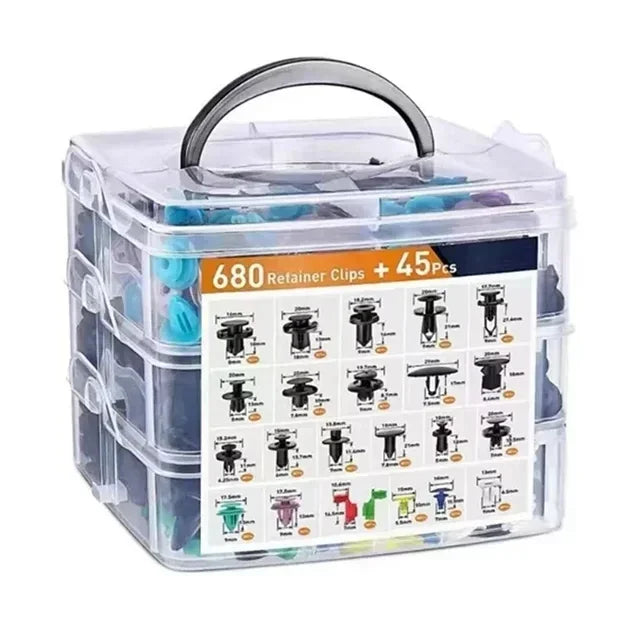 Clear plastic storage box containing 680 retainer clips and 45 pieces of assorted plastic push rivets for auto trim.