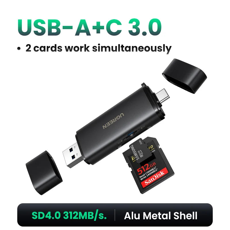 Schwarzer USB-A+C 3.0 Kartenleser mit einer 512GB SanDisk SD-Karte und Aluminiumgehäuse