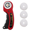 A red rotary cutter sewing kit with a black body and a cutting mat featuring multiple blades.