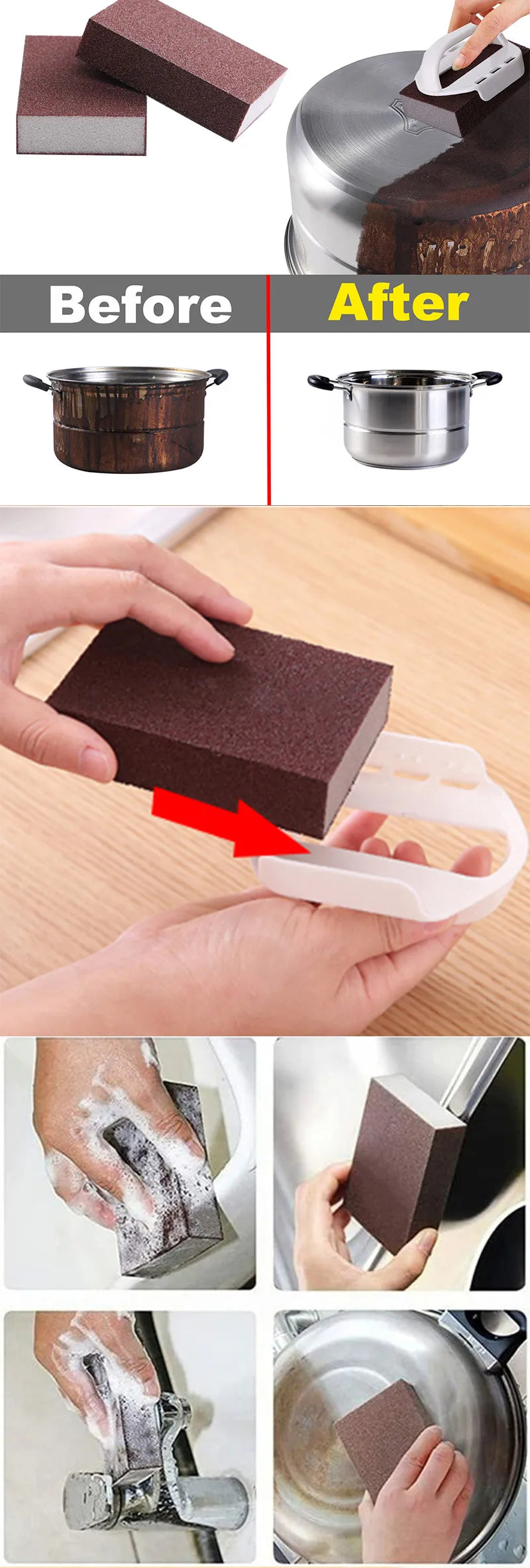 Before and after comparison showing a heavy-duty emery sponge used for cleaning pots and pans.