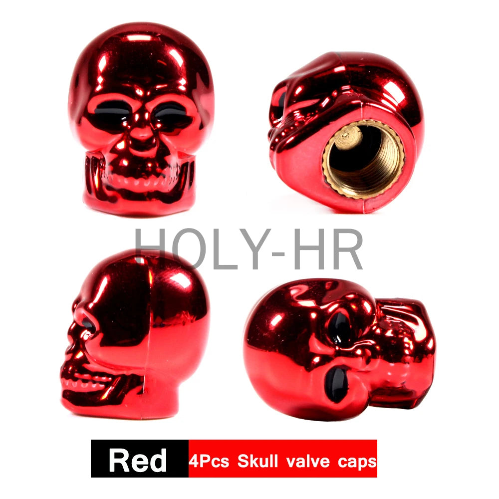 Red skull design tire valve stem caps set of four