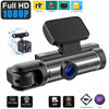 A black Full HD dash cam device with a lens and mounting bracket, showing various features like photo taking and sensor infor