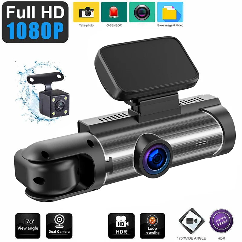 A black Full HD dash cam device with a lens and mounting bracket, showing various features like photo taking and sensor infor