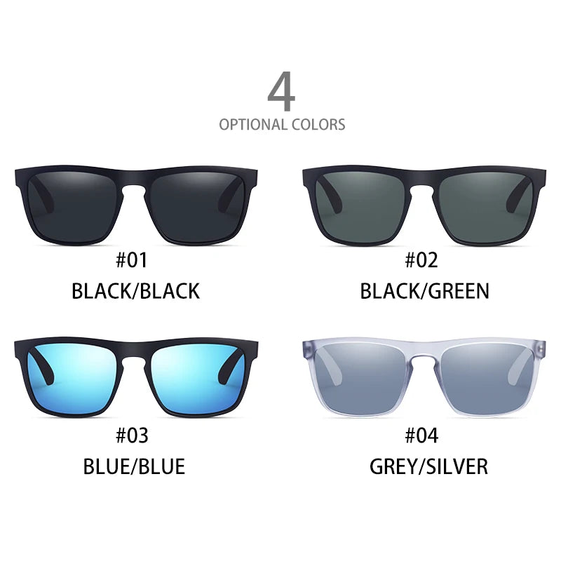 Cuatro colores opcionales de gafas de sol cuadradas vintage polarizadas en varios tonos: negro, verde, azul y gris.
