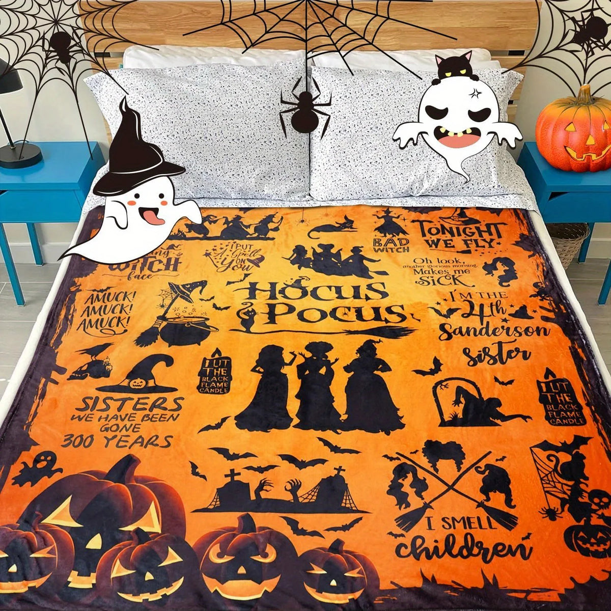 Spooky Halloween Flannel Throw Blanket with Witch Silhouette Design