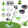 A green cordless electric lawn mower and string trimmer set with various attachments on a lawn.