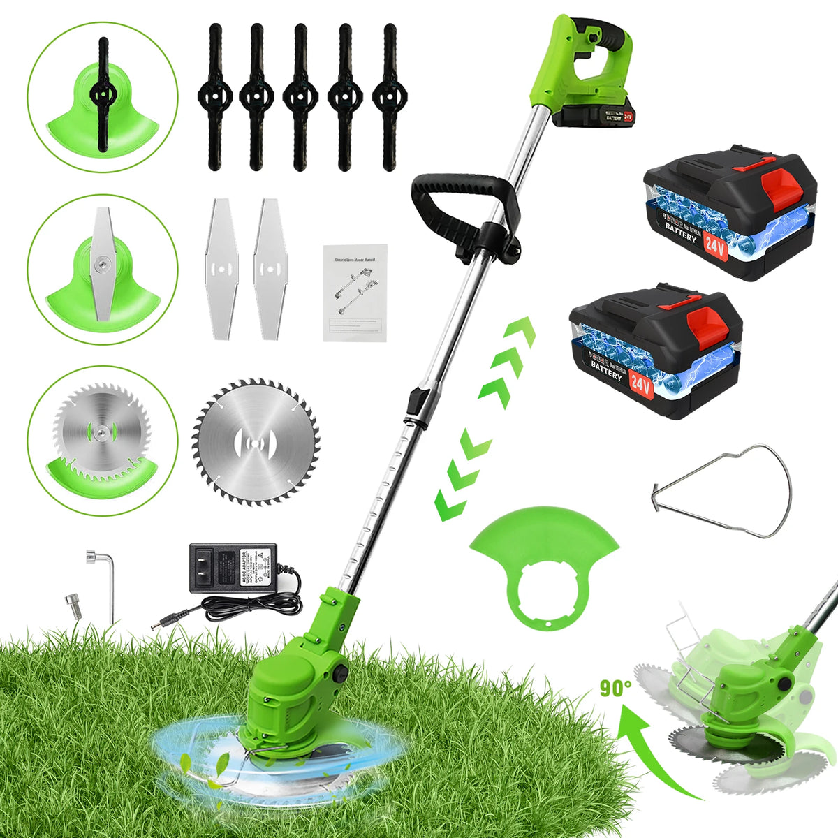 A green cordless electric lawn mower and string trimmer set with various attachments on a lawn.