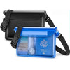 A blue waterproof pouch with a watch inside is shown alongside a black strap and a black phone pouch.