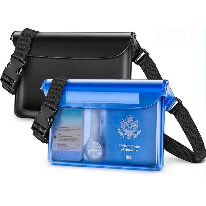 A blue waterproof pouch with a watch inside is shown alongside a black strap and a black phone pouch.