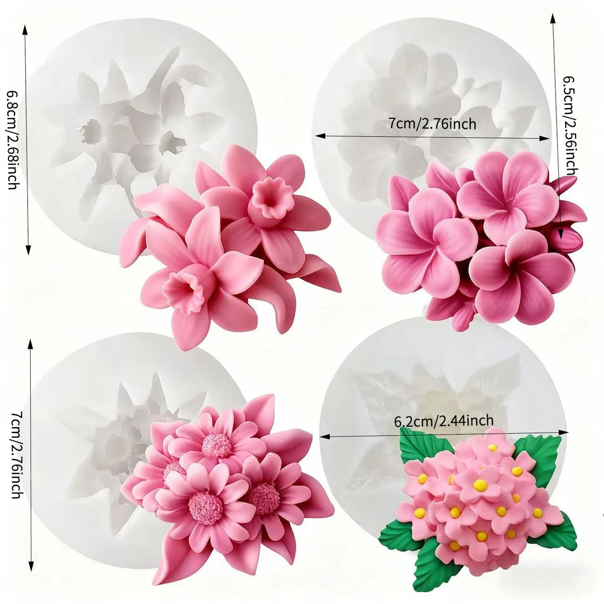 Pink floral silicone molds for resin and cement planters shown with various flower shapes