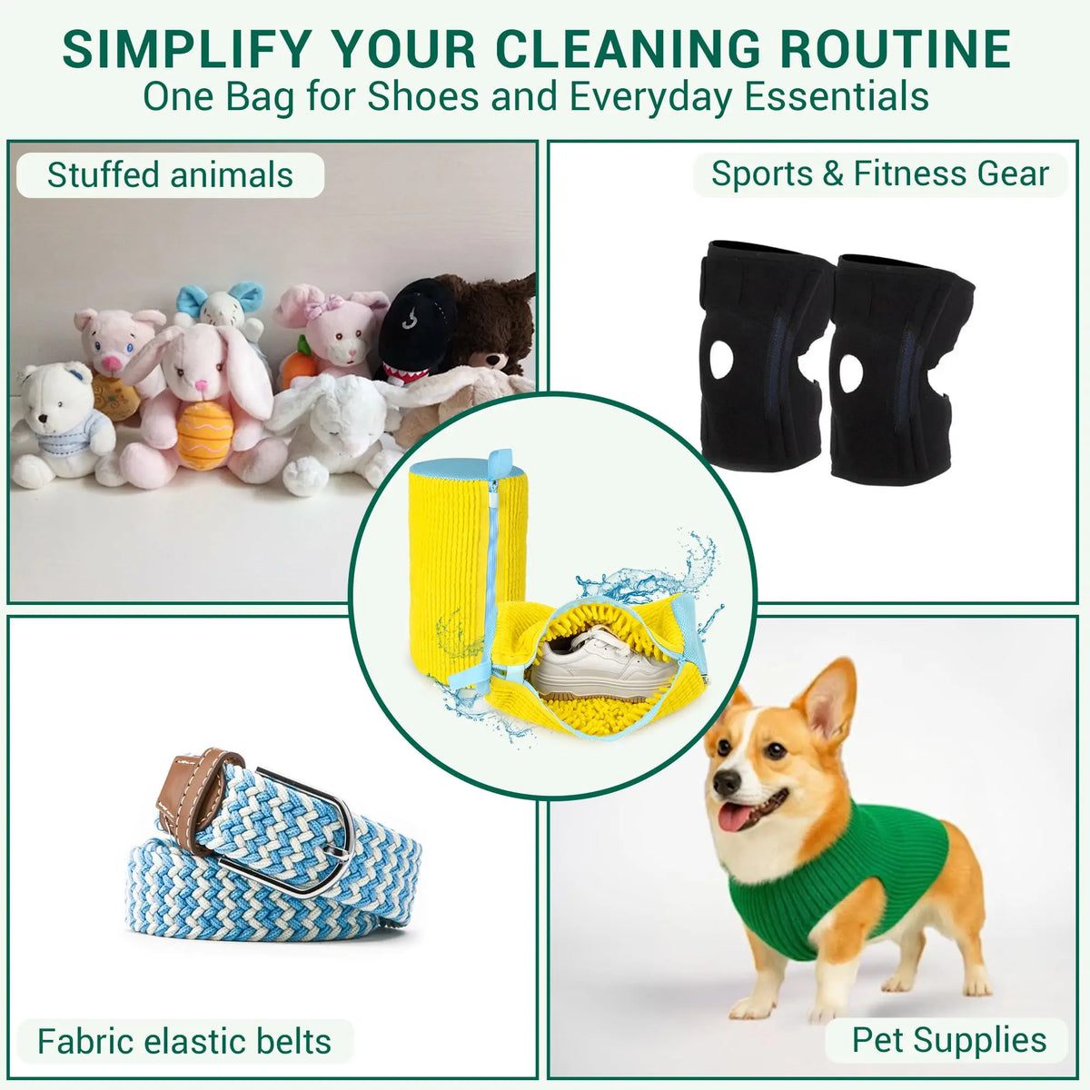 A yellow fabric elastic belt bag used for storing shoes and everyday essentials, alongside sports gear and pet supplies.