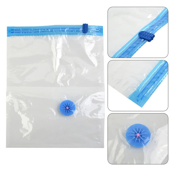 Klare Staubsaugsacksack mit blauem Verschluss und kreisförmigem Ventil sichtbar.