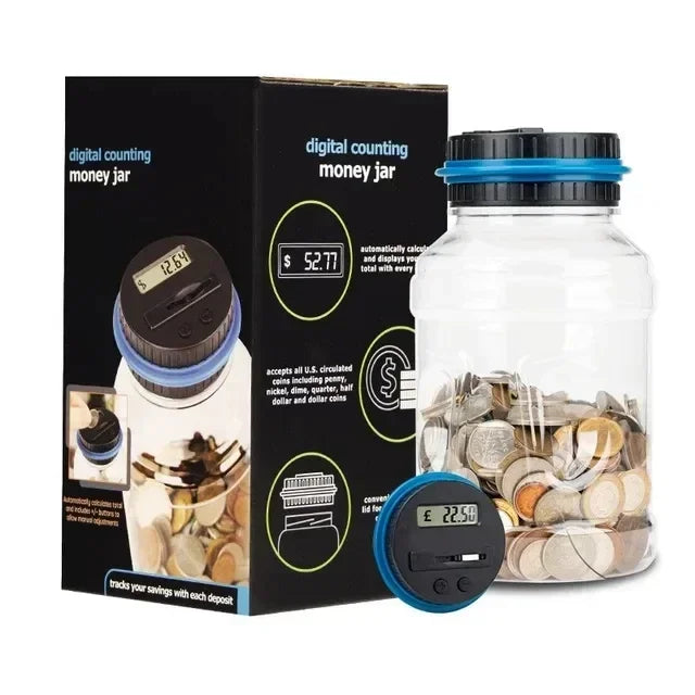 A black box and clear jar of a digital counting money jar with an LCD display showing $52.77