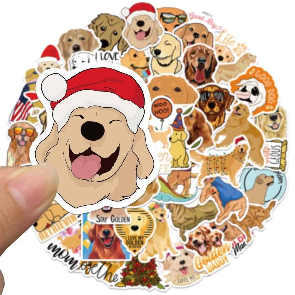 A collection of 50 stickers featuring various dogs, including a golden retriever, in a circular arrangement.