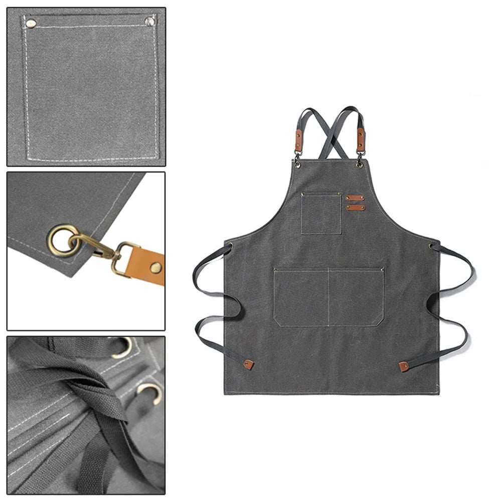 A dark gray canvas apron with large front pockets and leather-look straps is shown in detail.