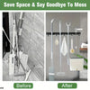 Before and after comparison of a heavy-duty wall-mounted tool rack with four slots and five hooks for organizing tools.