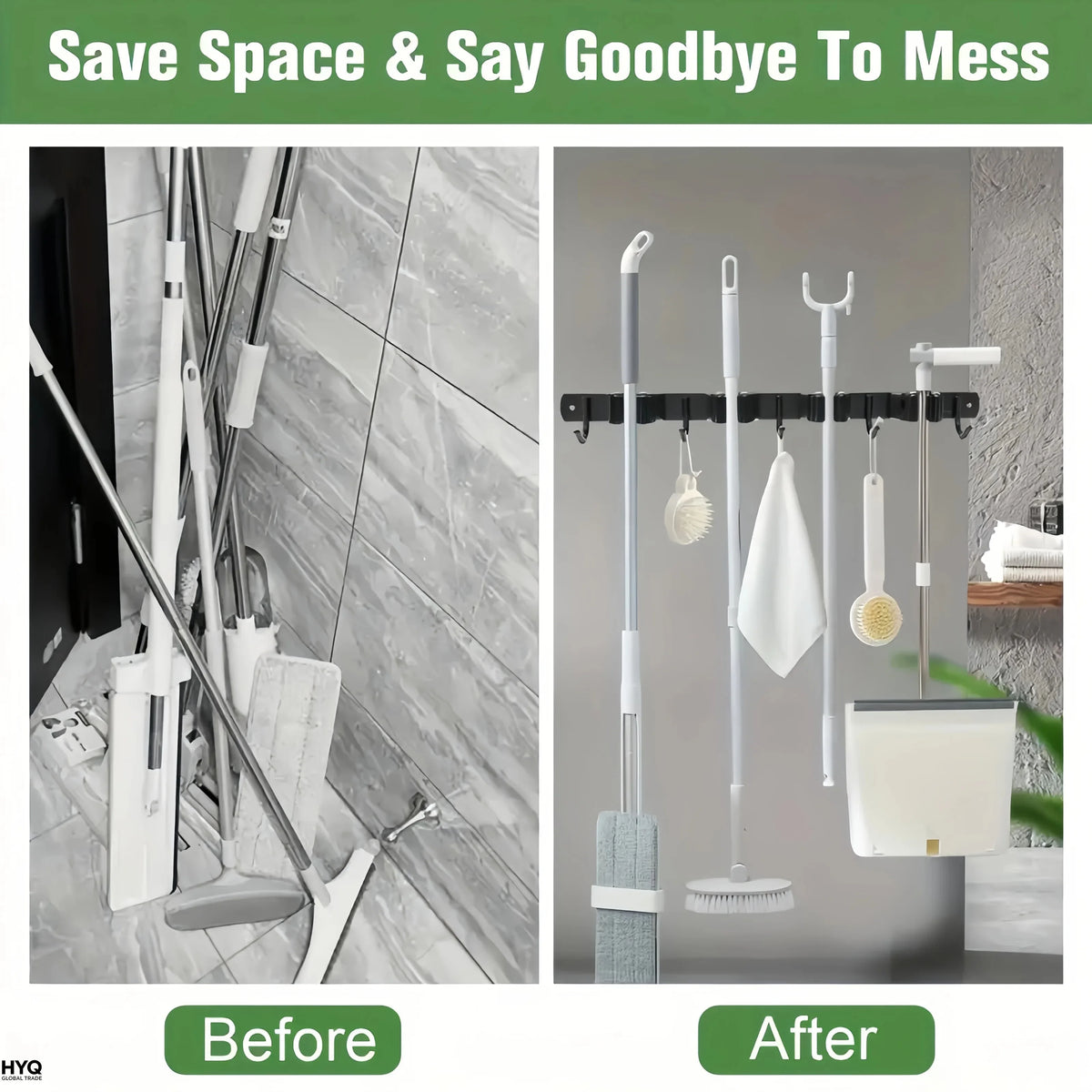 Before and after comparison of a heavy-duty wall-mounted tool rack with four slots and five hooks for organizing tools.