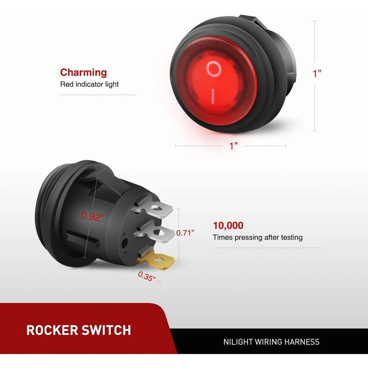 A close-up view of a rocker switch and a red indicator light component for a nilight wiring harness kit.