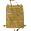 A tan tactical seat back organizer bag with seven pockets for car storage.