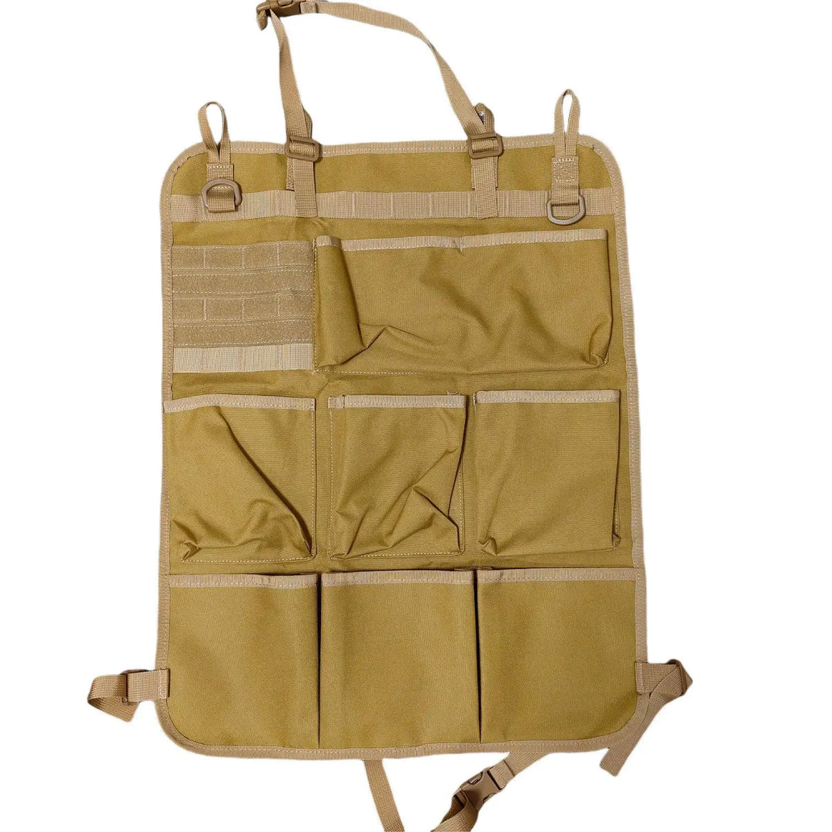 A tan tactical seat back organizer bag with seven pockets for car storage.
